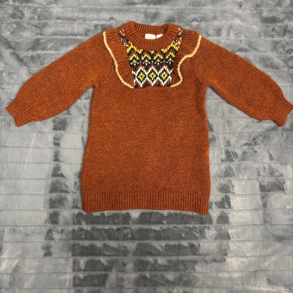 Zara Kids Rust Orange Fair Isle Ruffle Knit Sweater Dress Size 4-5 Years 110cm